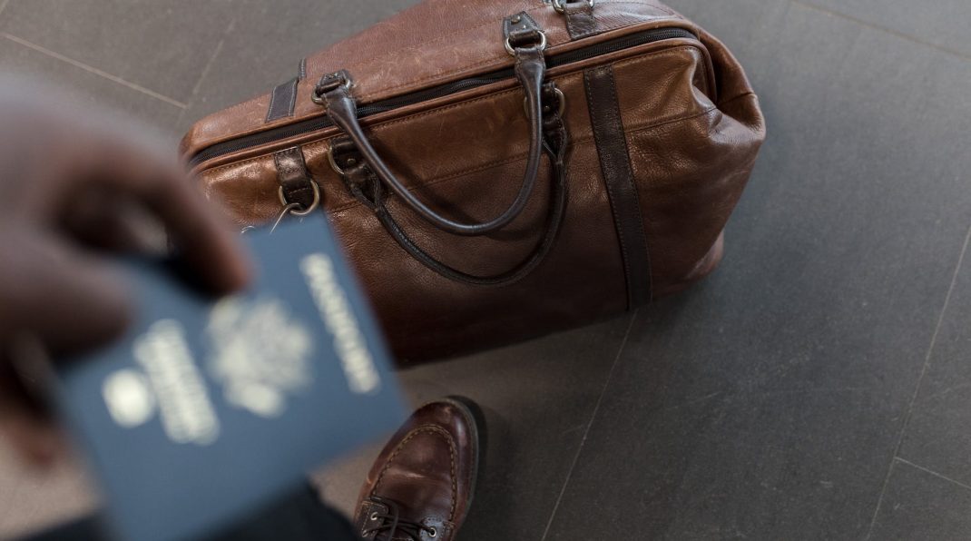 brown leather duffel bag