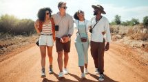 Safari, funny and friends walking in nature during a holiday together in summer. Comic, happy and y
