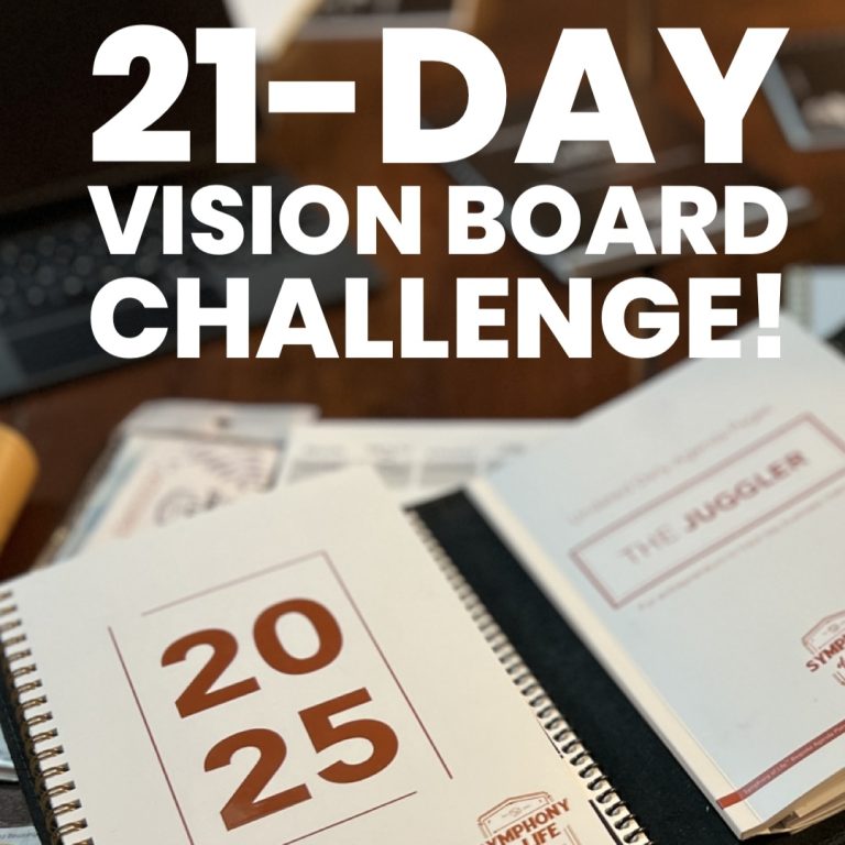 21-day vision board challenge photo with 2025 open symphony of life agenda planner on desk of papers