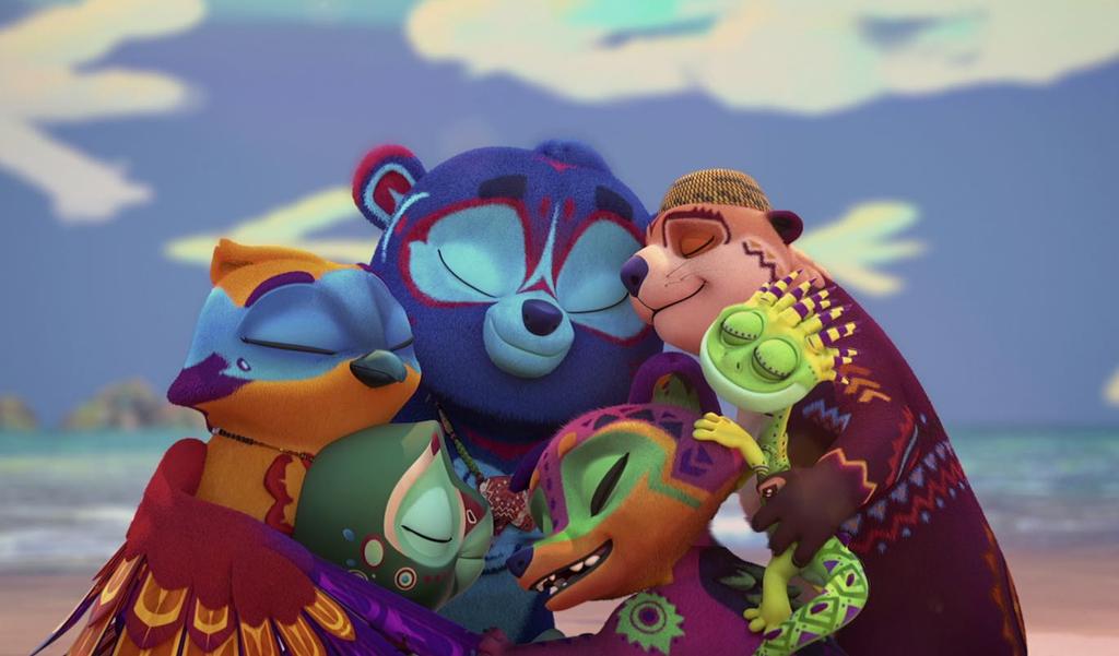 Spirit Rangers (L to R) Isis Celilo Rogers as Summer Skycedar, Talon Proc Alford as Eddy Skycedar, Wacinyeya Iwasaka Yracheta as Kodi Skycedar, Shaun Taylor-Corbett as Coyote, Sarah Podemski as Otter Woman and Cree Summer as Lizard in Spirit Rangers. Cr. COURTESY OF NETFLIX © 2023