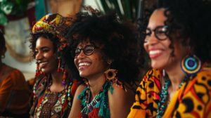 Multi-ethnic individuals celebrating cultural heritage with artisan products