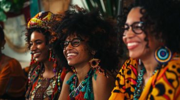 Multi-ethnic individuals celebrating cultural heritage with artisan products